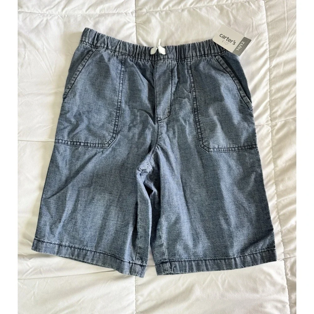 New Carter's Boy Pull-On Shorts Denim 10/12 Drawstring Stretch Blue 9